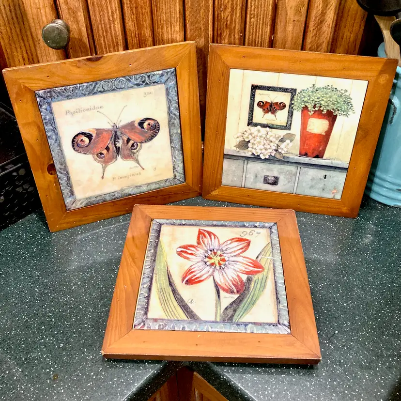 Vintage Butterfly Flower Framed Tile Wall Art Trivet 8X8 Artist Signed Arnie Fisk