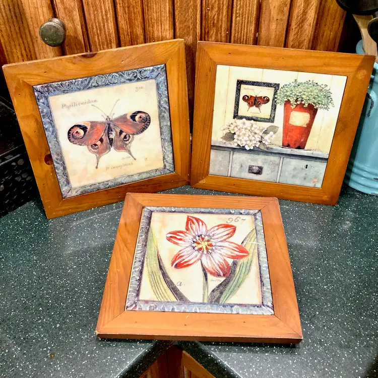 Vintage Butterfly Flower Framed Tile Wall Art Trivet 8X8 Artist Signed Arnie Fisk
