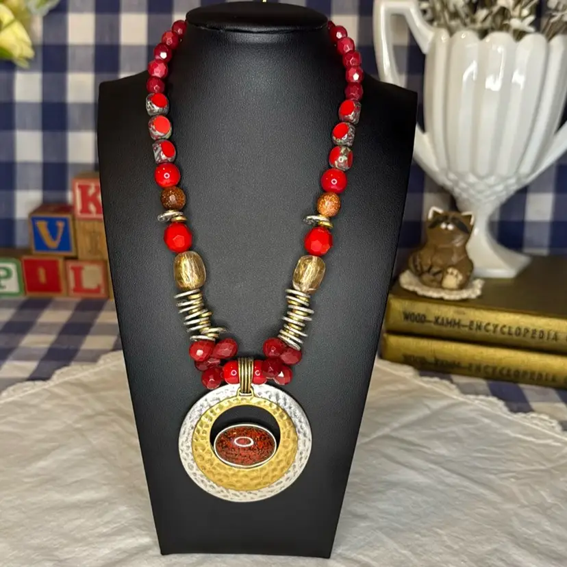 Signed Chico’s Beaded & Stone Silver-Toned & Gold-Toned Necklace