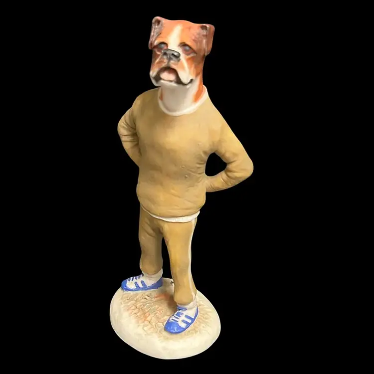 #01 Robert Harrop “Country Companions” Boxer Dog in Brown Tracksuit – Hand-Painted Resin Figurine, Signed, w/ Label- 5.5” Tall, 2.5 Wide-