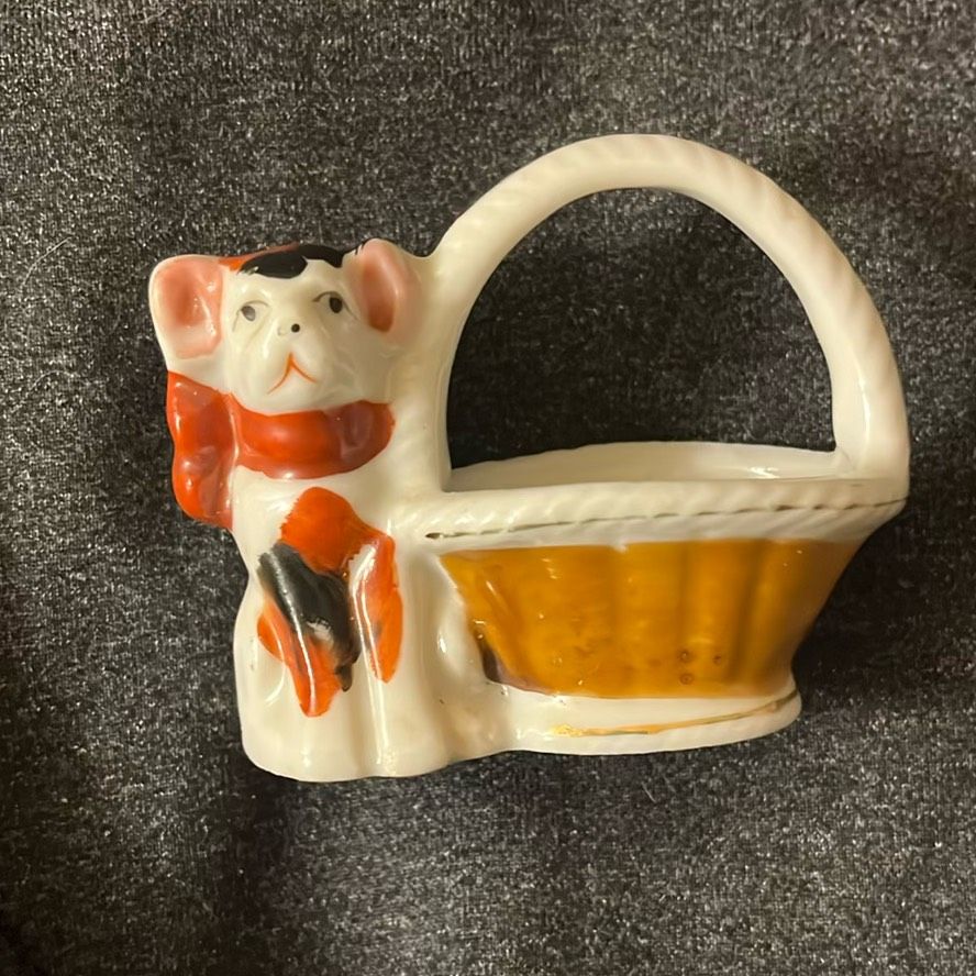 Niknax · Rare Occupied Japan Miniature Porcelain Dog Basket Figurine
