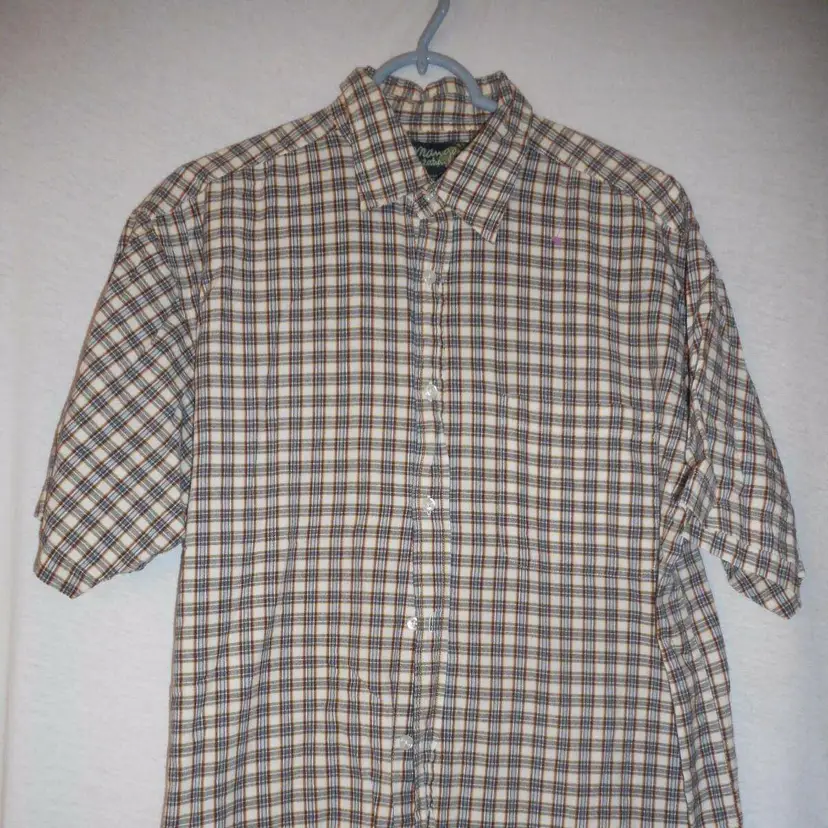 Vintage sz L cream Blue Plaid short sleeve 100% cotton shirt by Mango Plantation