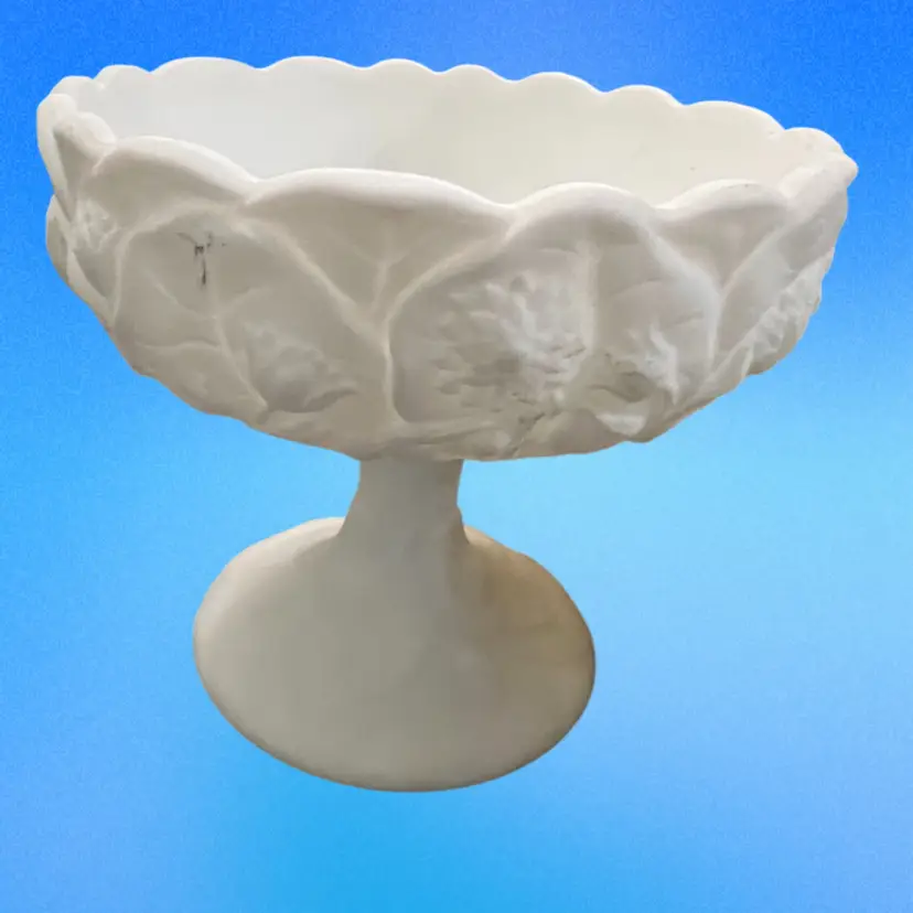 vintage Fenton Satin white milk glass Water Lily pedestal compote dish.
