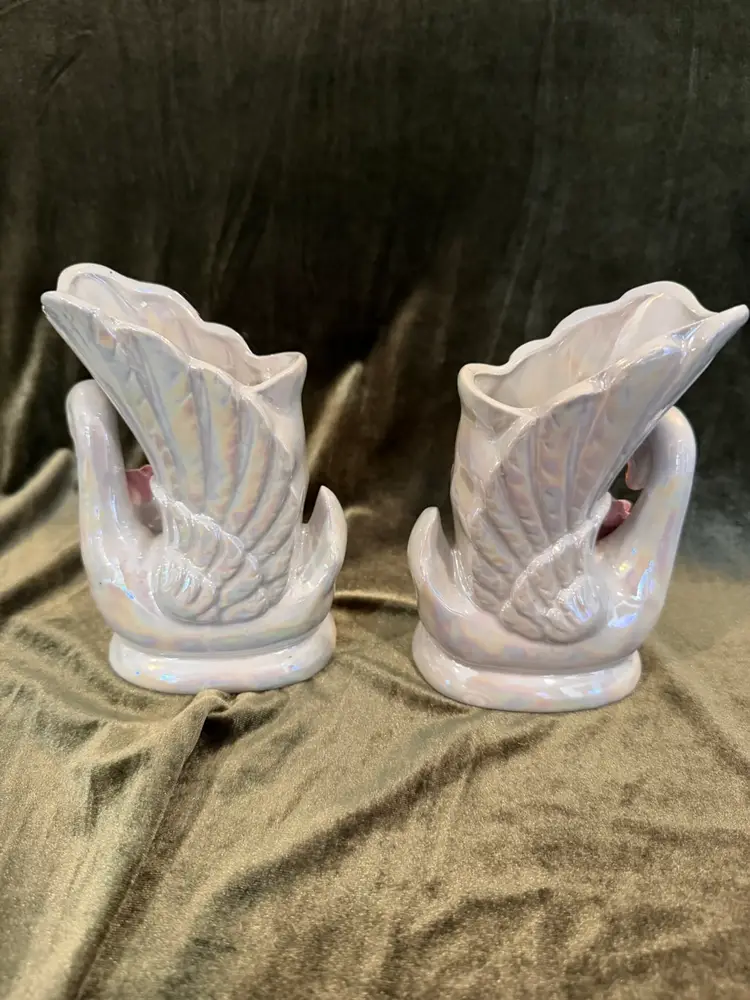 Gorgeous Vintage Iridescent Swan Ceramic Vases
