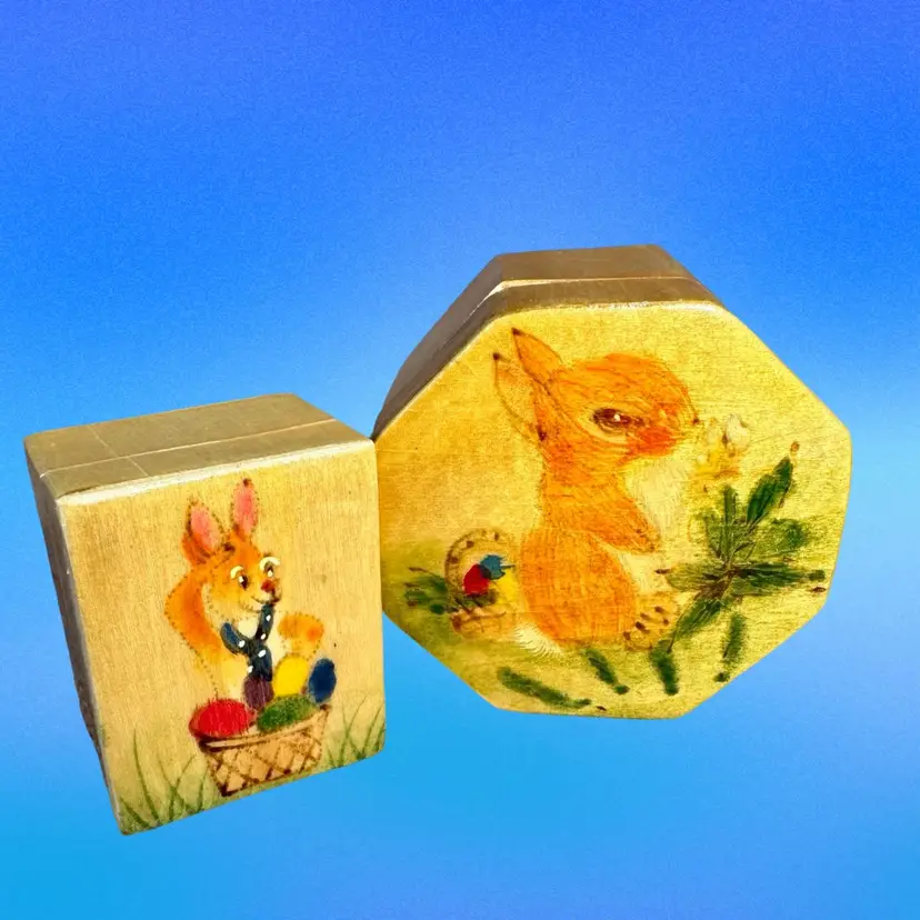 2 Vintage Trinket Boxes Hand Made Hand Drawn &Painted in Shanghai Bunnies Cloth Linings Great Condition Easter Gift Boxes