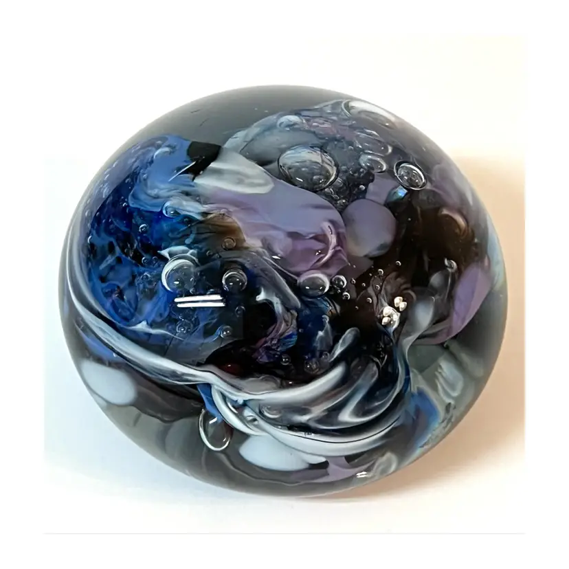 Cobalt Blue Purple White Art Glass Paperweight Dome Shaped Clear Controlled Bubbles Signed 2.8 in