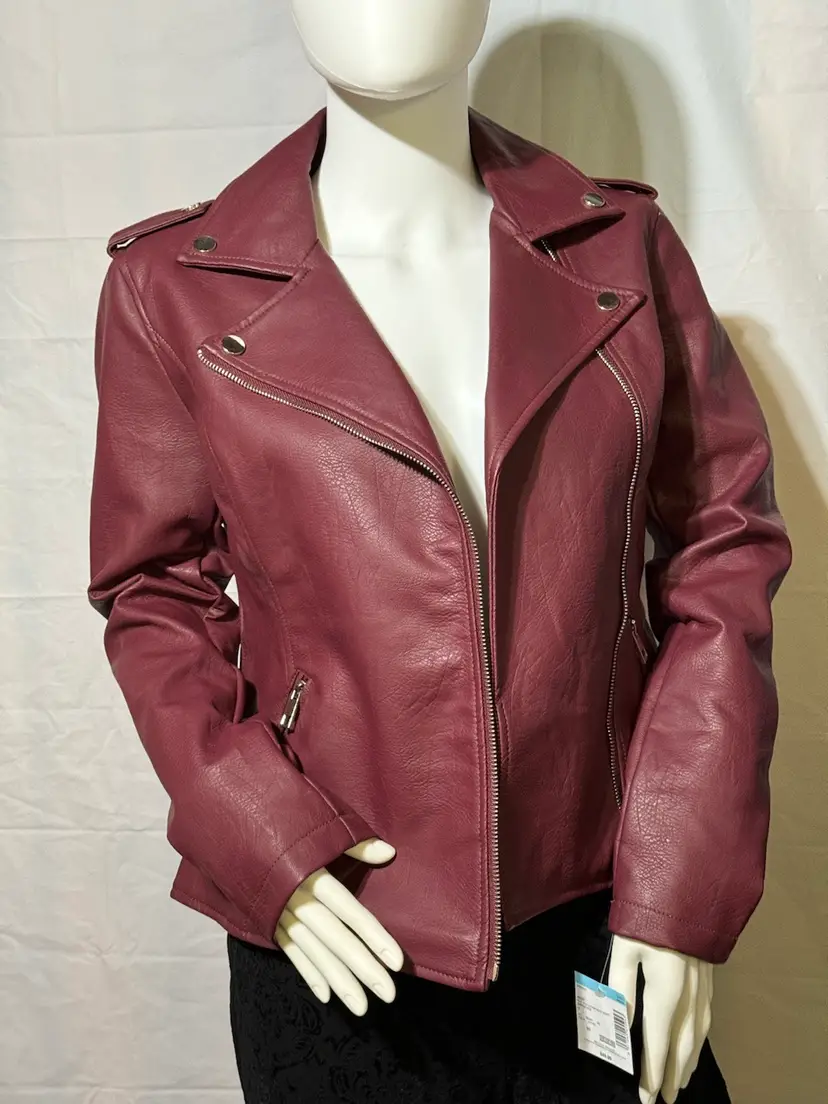 Sears Faux Leather Biker Jacket Burgundy Size Small Adult NWT