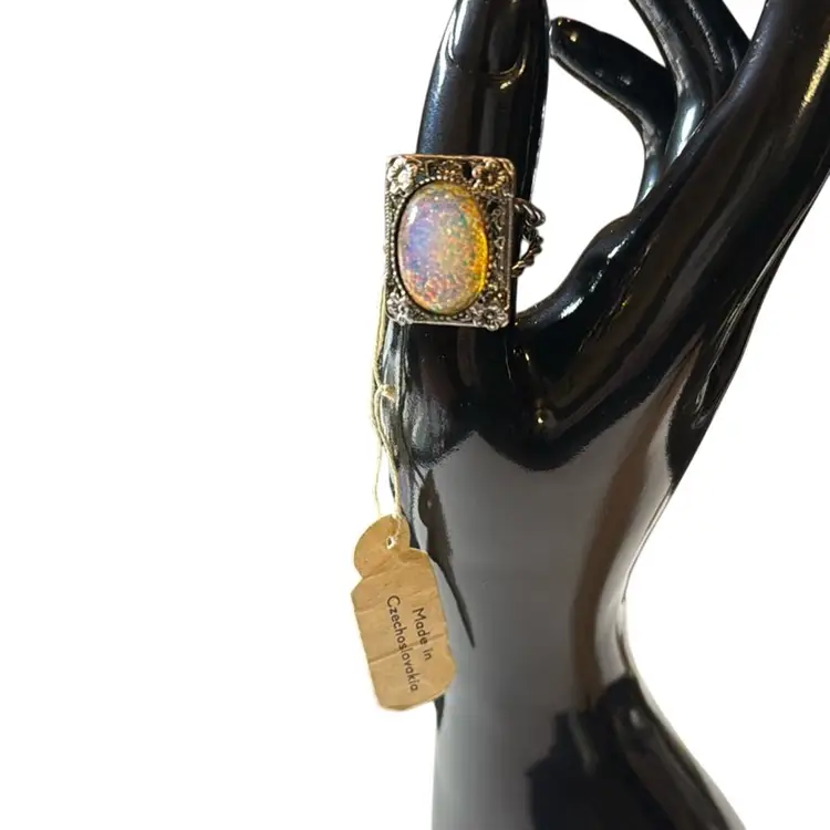 Vintage Silvertone Made In Czechoslovakia Filigree Floral & Dragons Breath Opal Cabochon - Adjustable