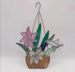 Vintage, Stained Glass Window Ornament, Lilies with Leaves in a Hanging Basket. Nice details!