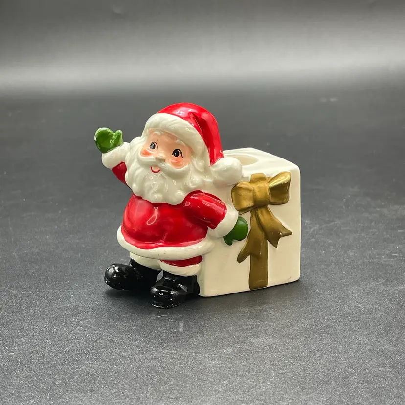 Waving Santa Claus with Gift Porcelain Candle Holder VTG Kitsch Kitschy MCM