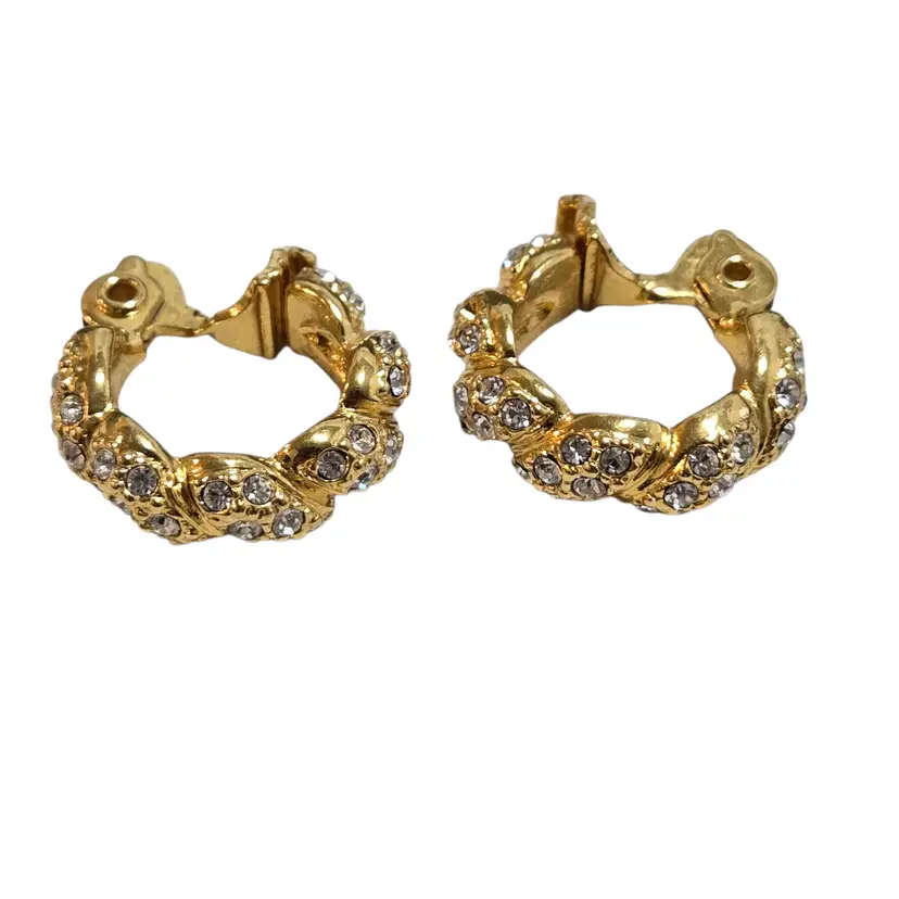 Vtg 90s Monet Clear Rinestone Gold Twist Clip ons