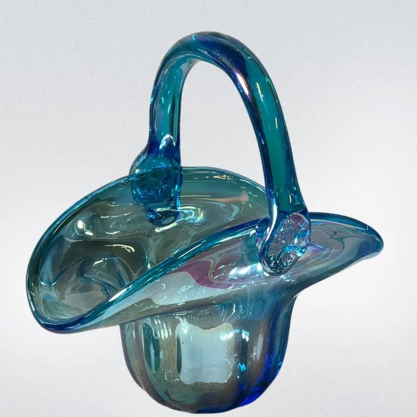 Blue Iridescent Hand Blown 5.5” Basket Signed Levy 1984, *As Is* Bubble Pop