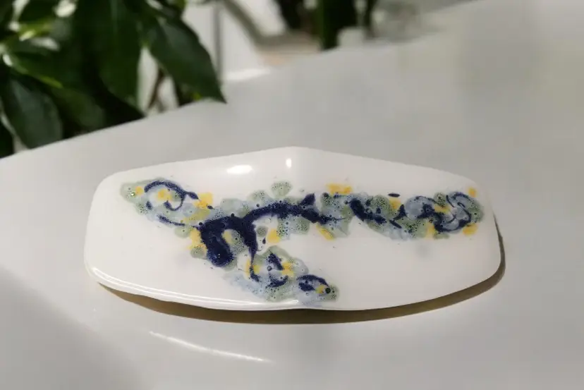 Handmade Milk Art Glass Fused Abstract Dish Wavy Decor White Blue Splash