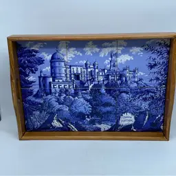 Wooden serving tray with blue and white tiled depiction of Sintra, Portugal 13.5” x 9.5”