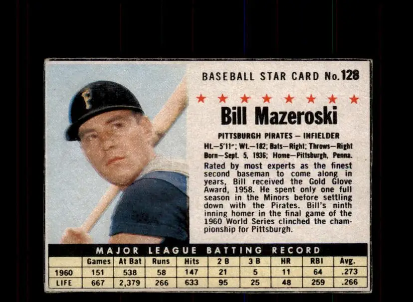 1961 Post Cereal (F278-33) #128 Bill Mazeroski - (pk3) - Pittsburgh Pirates