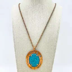 BELL COPPER Signed Necklace Blue Bead Pendant Ethnic Native Tribal SW 17899