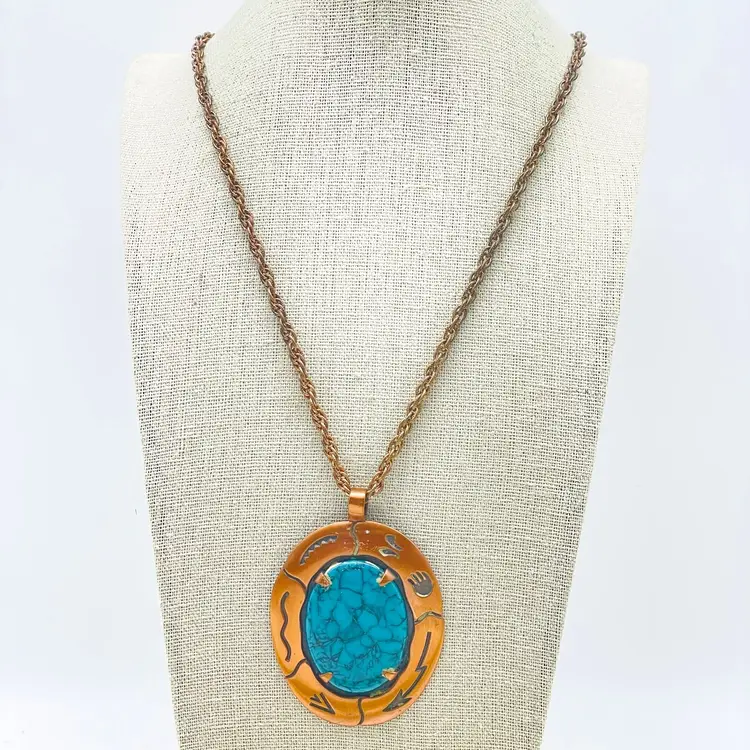 BELL COPPER Signed Necklace Blue Bead Pendant Ethnic Native Tribal SW 17899