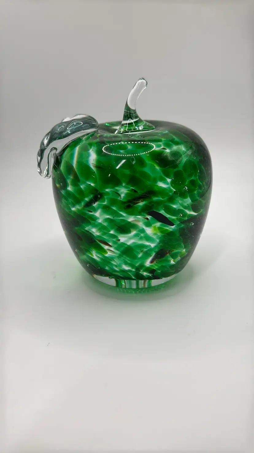 Monte Dunlavy Glass Apple Green Swirl Paperweight 4” tall signed