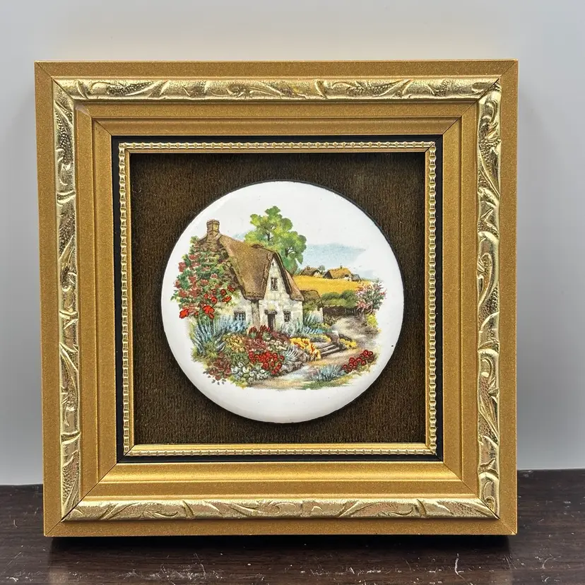 Miniature Enamel Cottage Picture In Wood Frame 4.25”