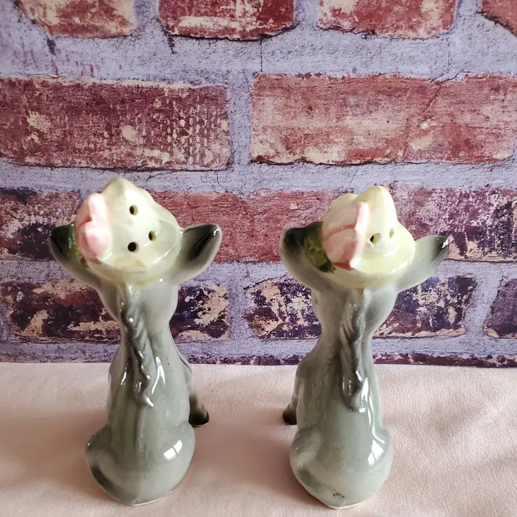 Vintage Ceramic Anthropomorphic Donkey Salt and Pepper Shakers with Fruit Hats Kitsch