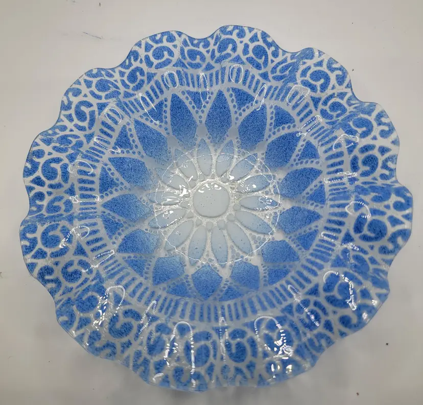 Vintage Sydenstricker Fused Art Glass Cobalt Blue Lace Bowl Ruffle Edge 6.75" Signed, 1960s