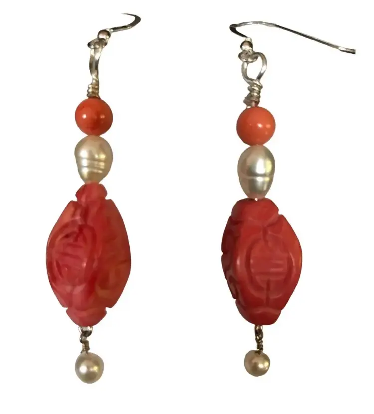 Handmade Freshwater Pearls Genuine Coral Carved 925 Ear Hooks One of a Kind
