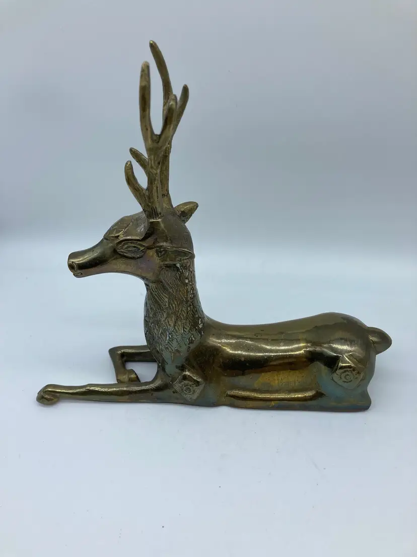 Vintage Large Solid Brass Reindeer Buck Laying Down Ornate Detail Beautiful