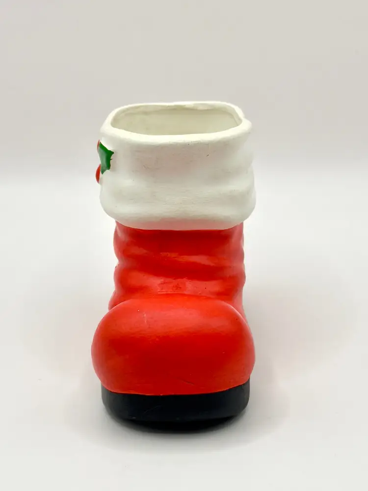 Vintage 1976 Santa Claus Boot Planter Vase, Hand-painted Red and White Ceramic Christmas Decor, Signed Mary McQueen
