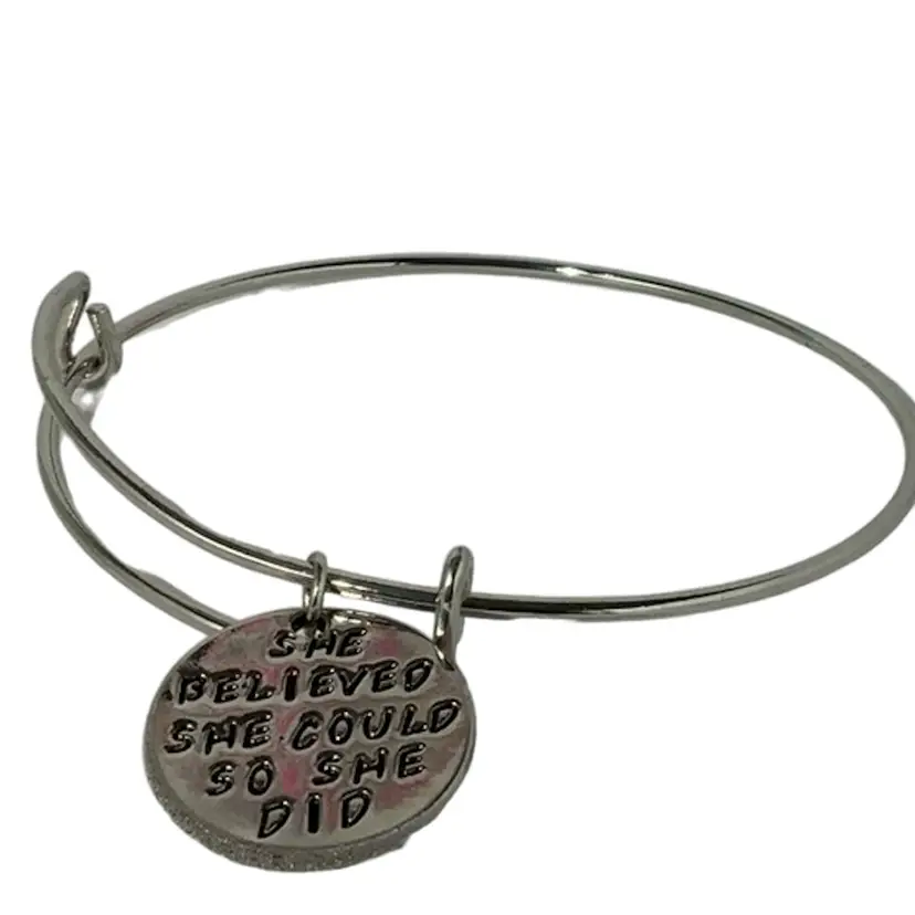 Sparkly Shinny  Vintage 12” inch Round Double Loop Bangle Bracelet With Quote Charm Costume Jewelry “She Believed She Could So She Did”