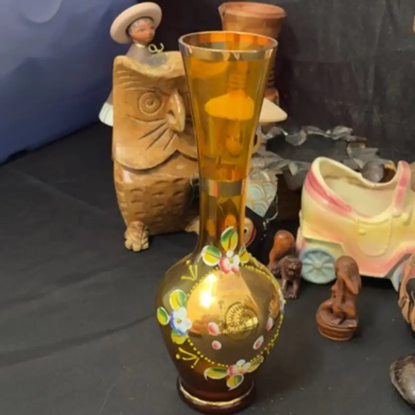 Amber Glass With Gilding And HANDPAINTED Raised Flowers