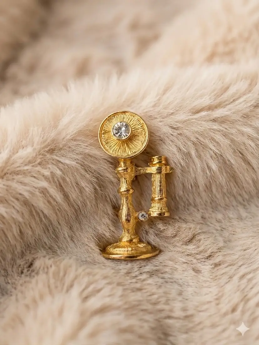 Vintage Jerry’s Rhinestone Telephone Brooch Gold Tone Candlestick Phone Pin