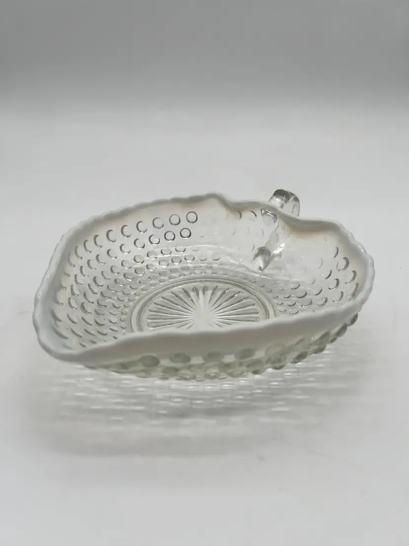 Vintage Anchor Hocking Moonstone Opalescent Hobnail Heart Dish With Handle