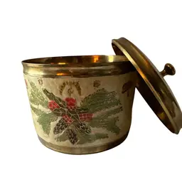 Vtg Solid Brass Cloisonné Lidded Canister Christmas Enamel  Hand Painted. Patina