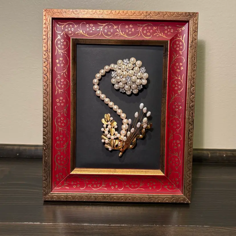 Vintage Jewelry Art Made By Me! Hand-painted Wood Frame. Faux Pearl, Rhinestone And Goldtone Brooches.