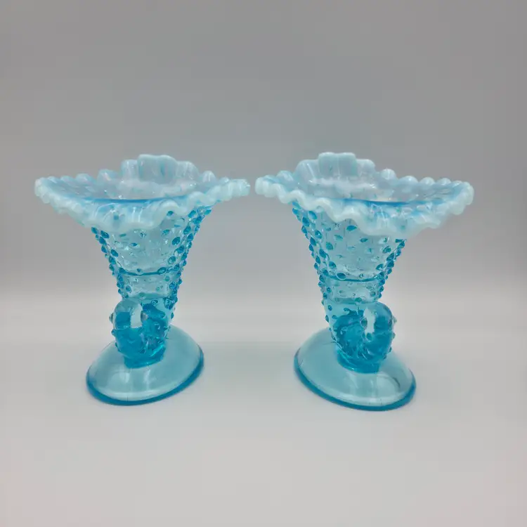 Fenton Cornucopia Candleholders Hobnail Blue Opalescent Pair