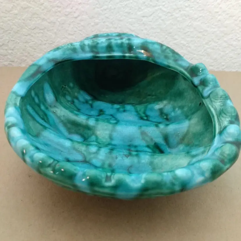 VTG Pottery Drip Glaze Seashell Dish USA TR-26 Turquoise MCM 9" Nonamax of Calif