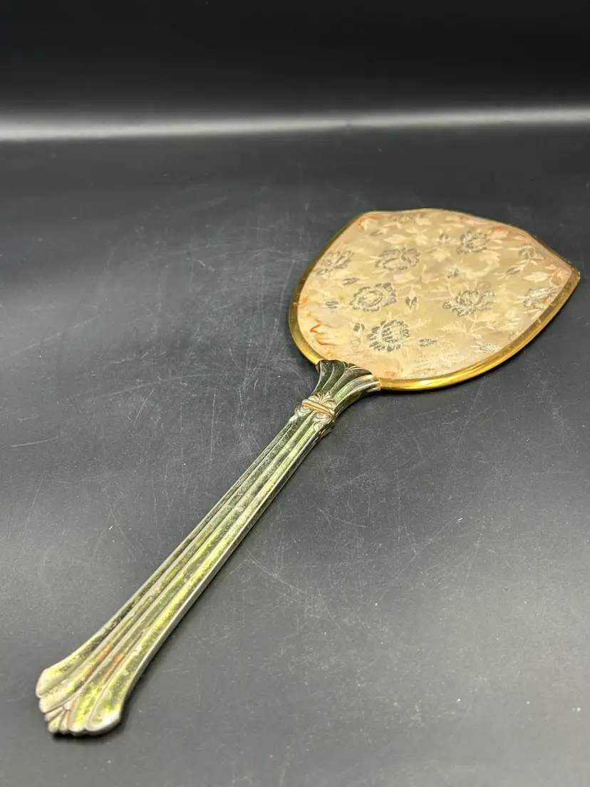 Vintage Art Deco, Metal & Fabric Hand Mirror