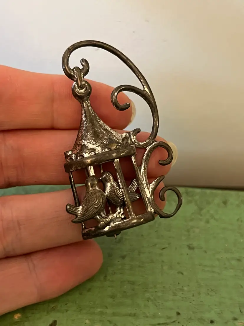 Vintage Lang Sterling Silver Bird Cage Brooch. Pin, Costume Jewelry Gift.