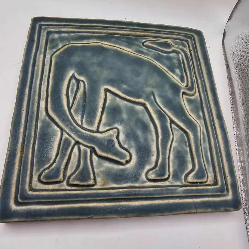 Pewabic Detroit Pottery tile 7.5x7.5 1993 90th anniversary vintage green medieval