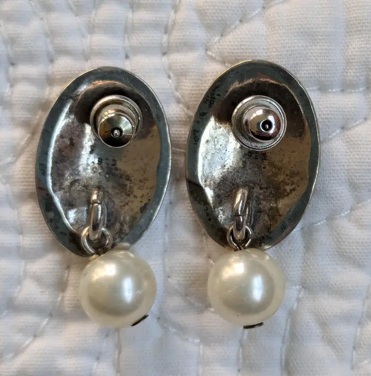 Vintage Art Nouveau Style Sterling Silver Earrings with Faux Pearl Drops