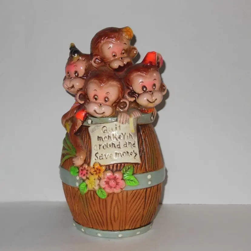 Vintage Anthropomorphic 'Quit Monkeyin Around and Save Money' Bank, Made In Japan, Carnival Prize
