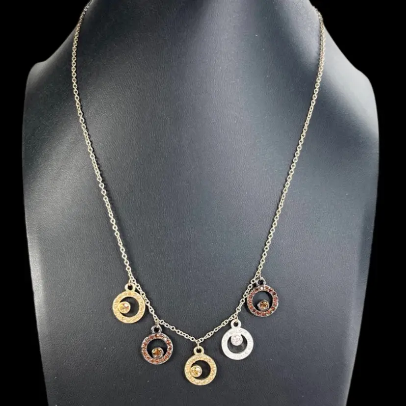 ANNE KLEIN Signed Open 5 Circle Crystal Necklace. Multi-Metal & Multi-Crystal Colors. Gold-tone Chain & Clasp.