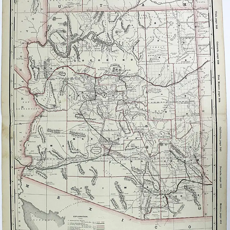 Railroad Map of Arizona circa 1900 Large 22 1/2 x 17 1/2 Full Color Lithograph