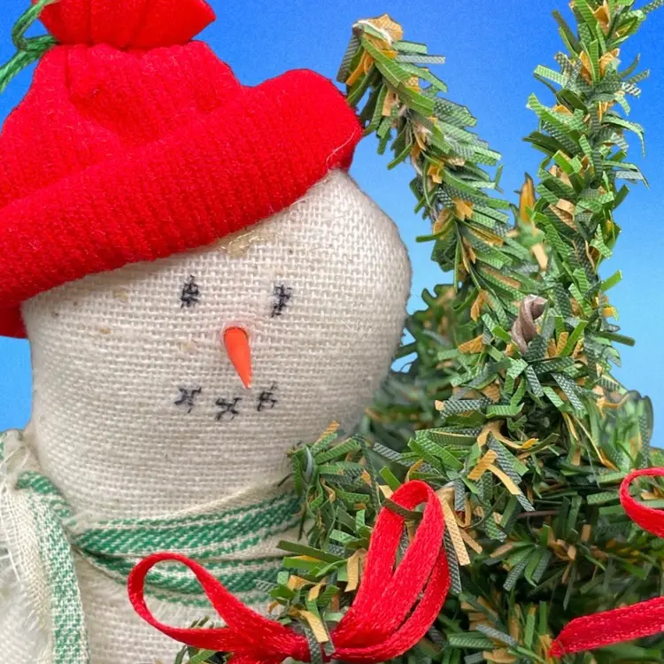 Primitive Folk Art Snowman Christmas Tree Bows Cloth Figurine Holiday Handmade