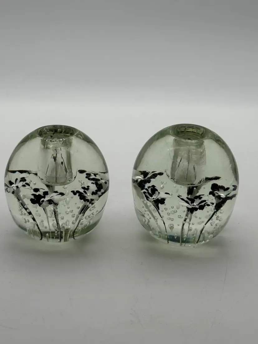 Black and White Flower Burst Art Glass Paperweight Style Taper Candle Holders (2)