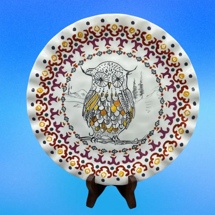 Anthropologie Owl Plate Tula Earthenware Forest Fable 8.25”