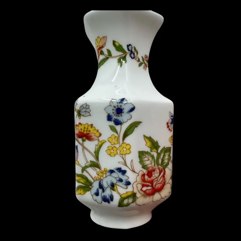 Aynsley England bone china bud vase with Cottage Garden floral pattern.