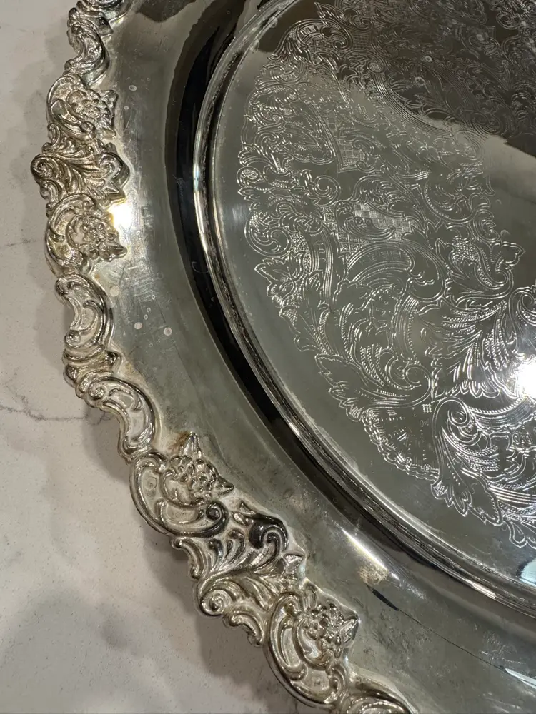 Large Vintage Silver Plated Round Serving Tray With Floral Etching