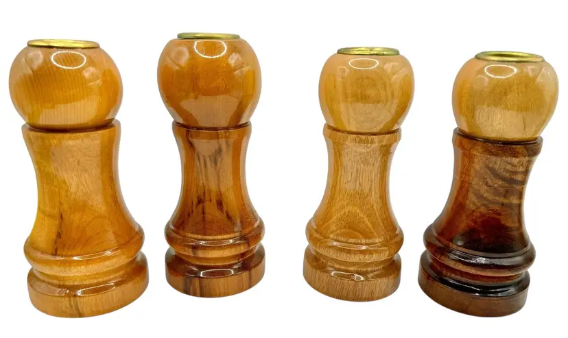 Set of 4 Vintage Hand Turned Wood Taper Candle Holder Candlestick Brass Rim 5”