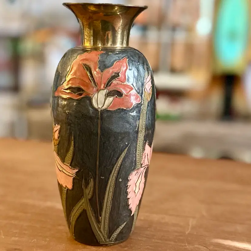 Vintage Solid Brass And Cloisonné Irises Flowers Vase
